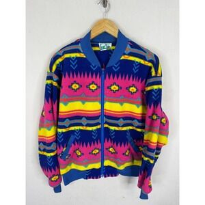 Vintage‎ Kactus Fleece Bomber Jacket Southwestern Geometric Neon Blue Pink M